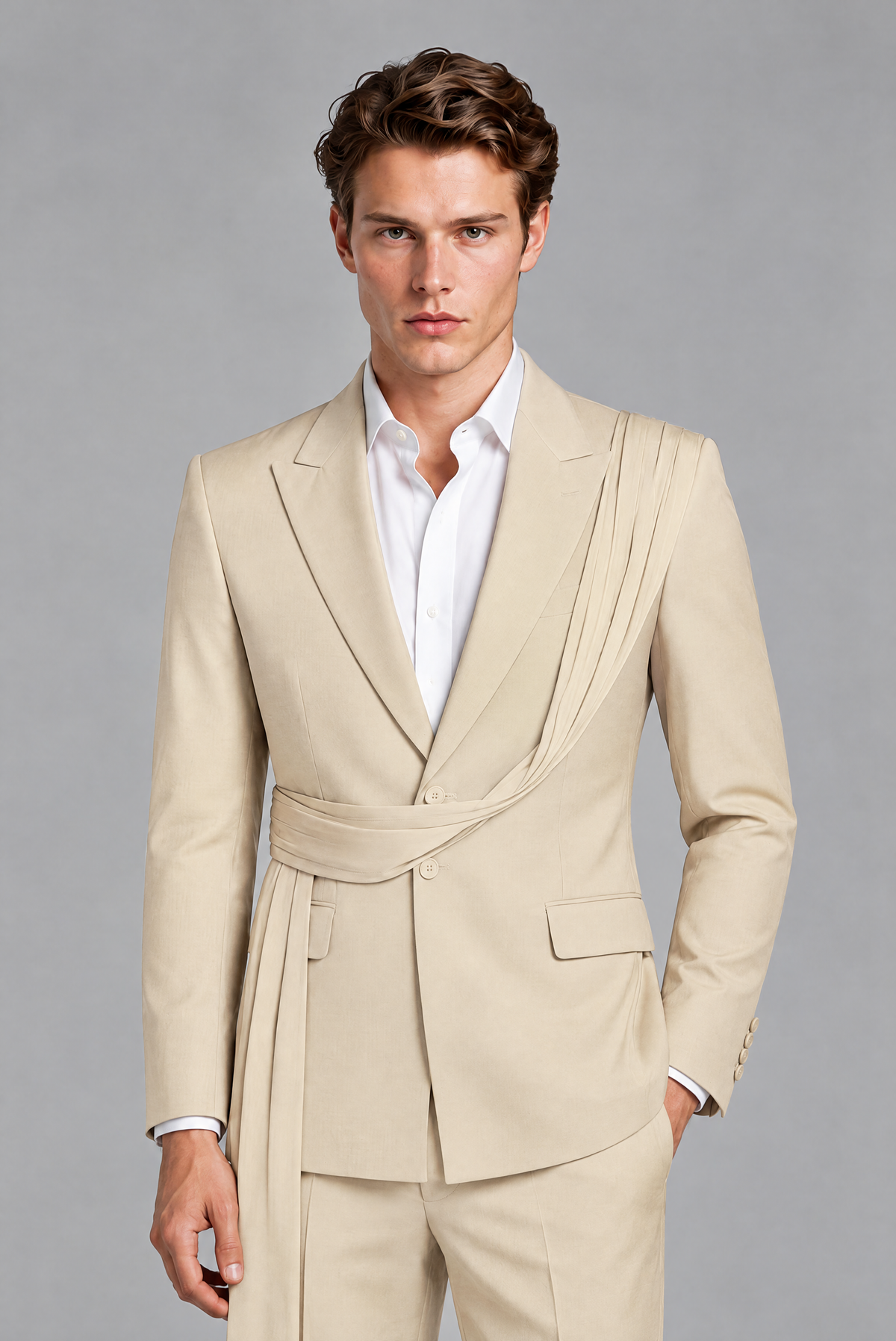 Men's Cream Draped Sash Suit – Peak Lapel 2-Piece Slim Fit Party, Gala & Wedding Set - Cream