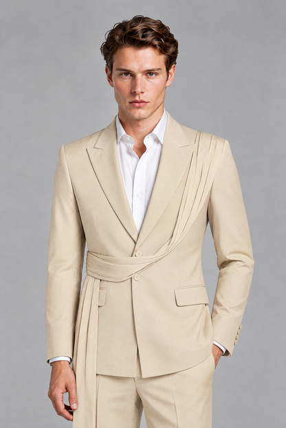 Men's Cream Draped Sash Suit – Peak Lapel 2-Piece Slim Fit Party, Gala & Wedding Set - Cream