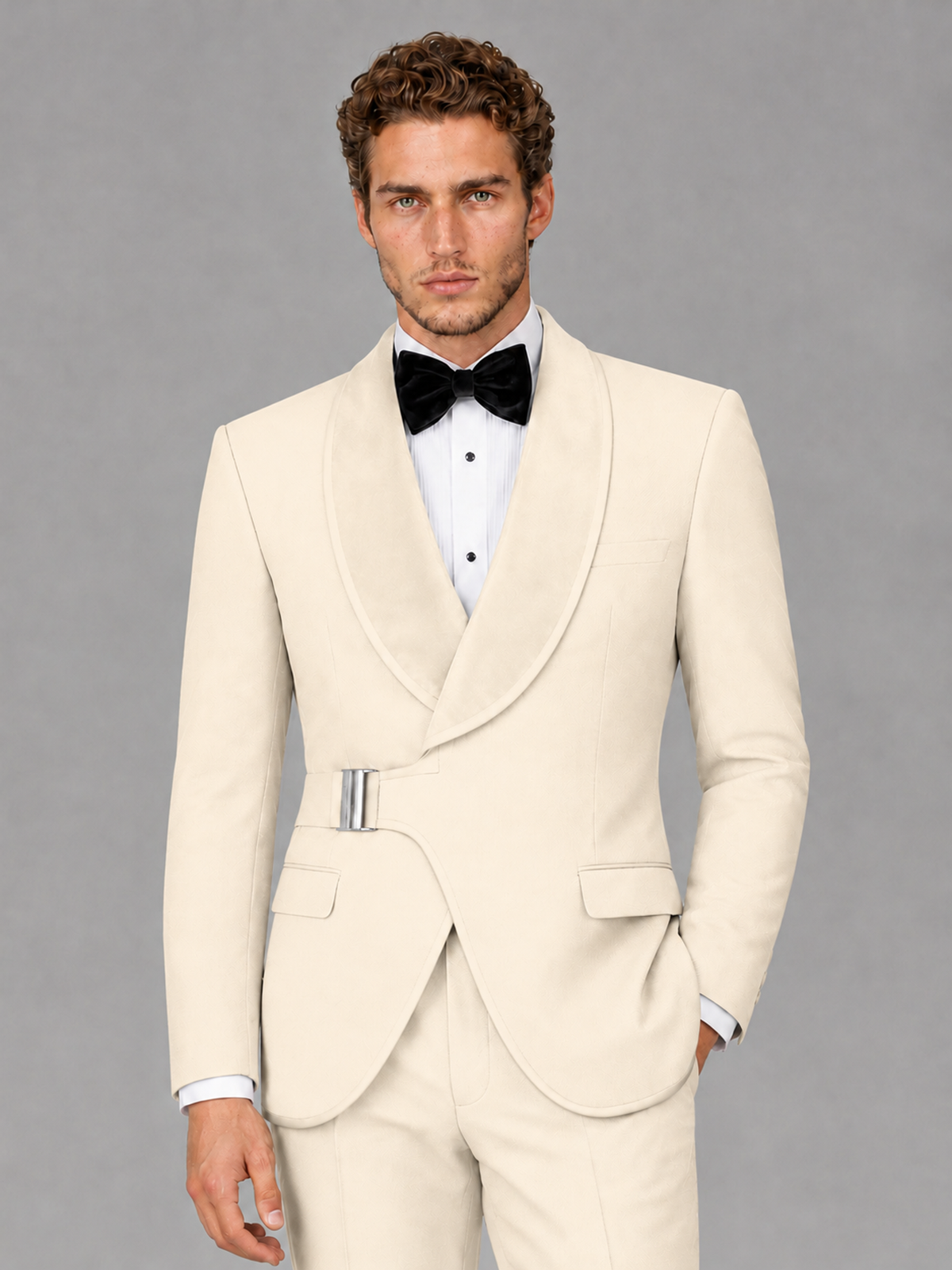 Savile Men's Cream Velvet Shawl Lapel Tuxedo Suit – Modern Side-Buckle Dinner Jacket & Trousers 2-Piece Set - Cream