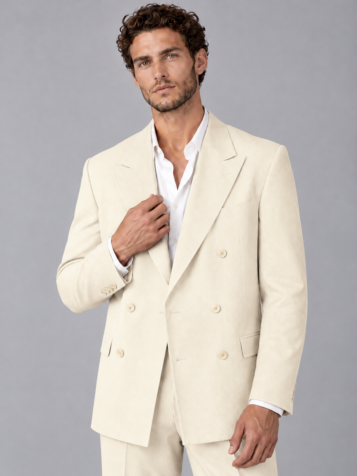 Savile Cream Beige Double-Breasted 2-Piece Suit with Peak Lapel - Cream