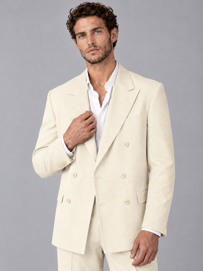 Savile Cream Beige Double-Breasted 2-Piece Suit with Peak Lapel - Cream