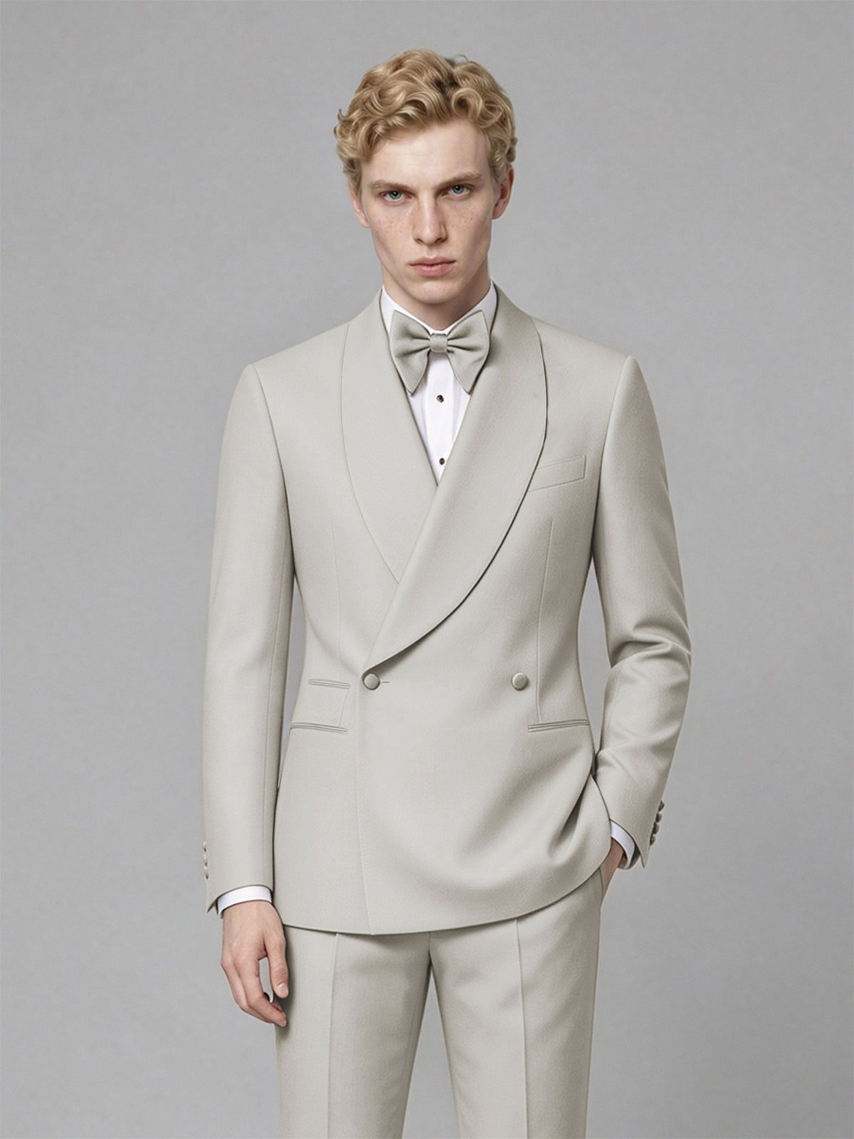 Men's Cream Single-Button Cream Satin Shawl Lapel Tuxedo Suit Set | Blazer & Trousers - Cream