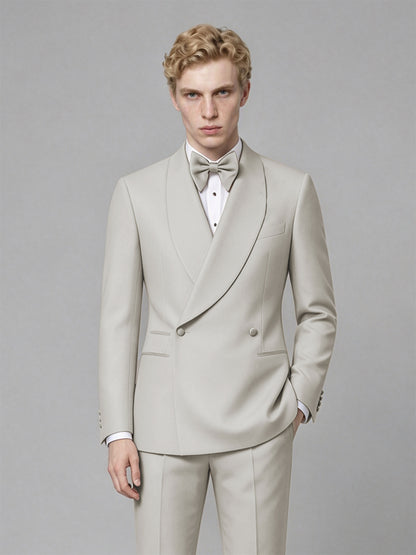 Men's Cream Single-Button Cream Satin Shawl Lapel Tuxedo Suit Set | Blazer & Trousers - Cream