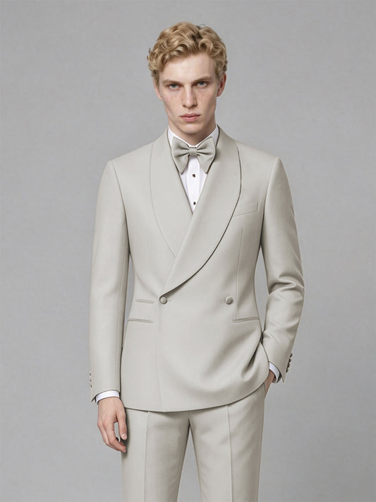 Men's Cream Single-Button Cream Satin Shawl Lapel Tuxedo Suit Set | Blazer & Trousers - Cream