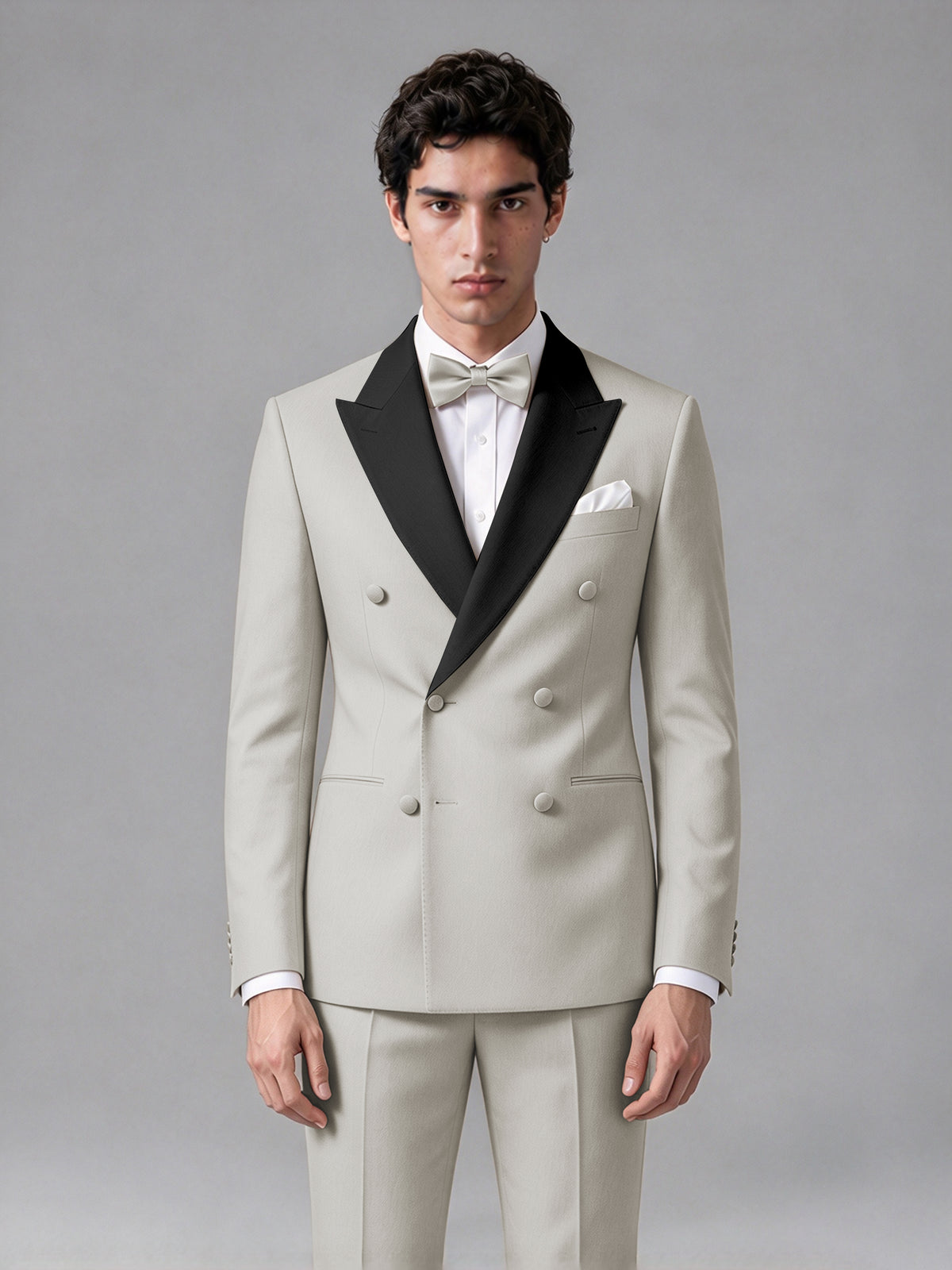 Men's Cream Double-Breasted Satin Peak Lapel Tuxedo Suit Set (Jacket + Trousers) - Cream