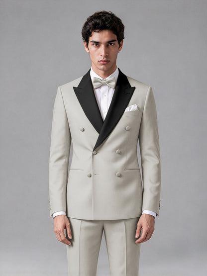 Men's Cream Double-Breasted Satin Peak Lapel Tuxedo Suit Set (Jacket + Trousers) - Cream