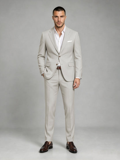 Savile Men's Dark Cream Wool-Blend 2-Piece Suit Set – Two-Button Notch Lapel Slim-Fit Blazer & Turn-Up Trousers - Cream