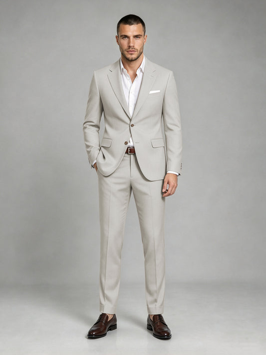 Savile Men's Dark Cream Wool-Blend 2-Piece Suit Set – Two-Button Notch Lapel Slim-Fit Blazer & Turn-Up Trousers - Cream