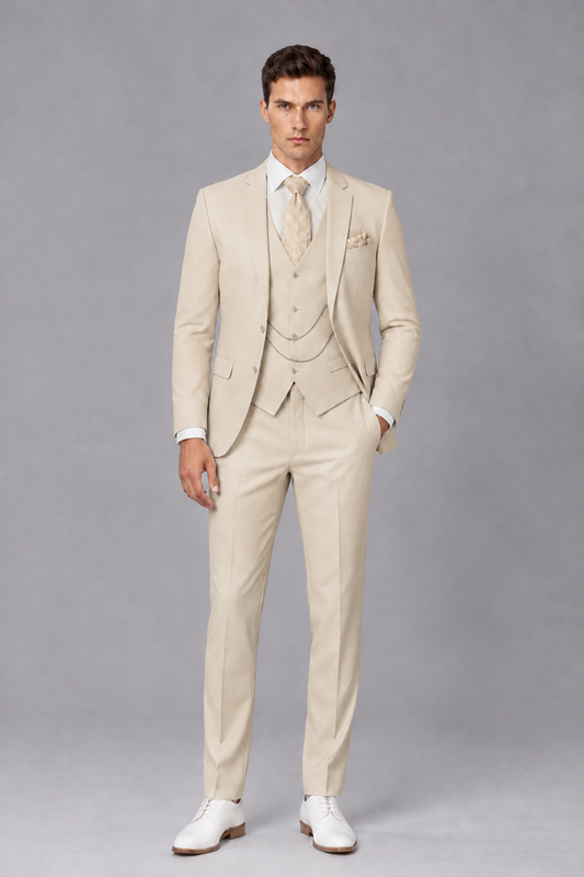 Savile Cream 3-Piece Suit with Notch Lapel & Chain Vest - Cream