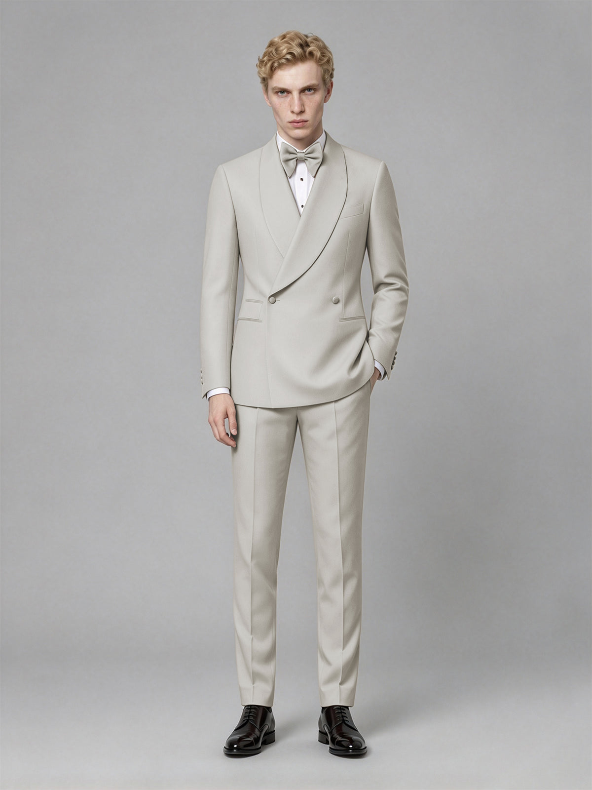 Men's Cream Single-Button Cream Satin Shawl Lapel Tuxedo Suit Set | Blazer & Trousers - Cream