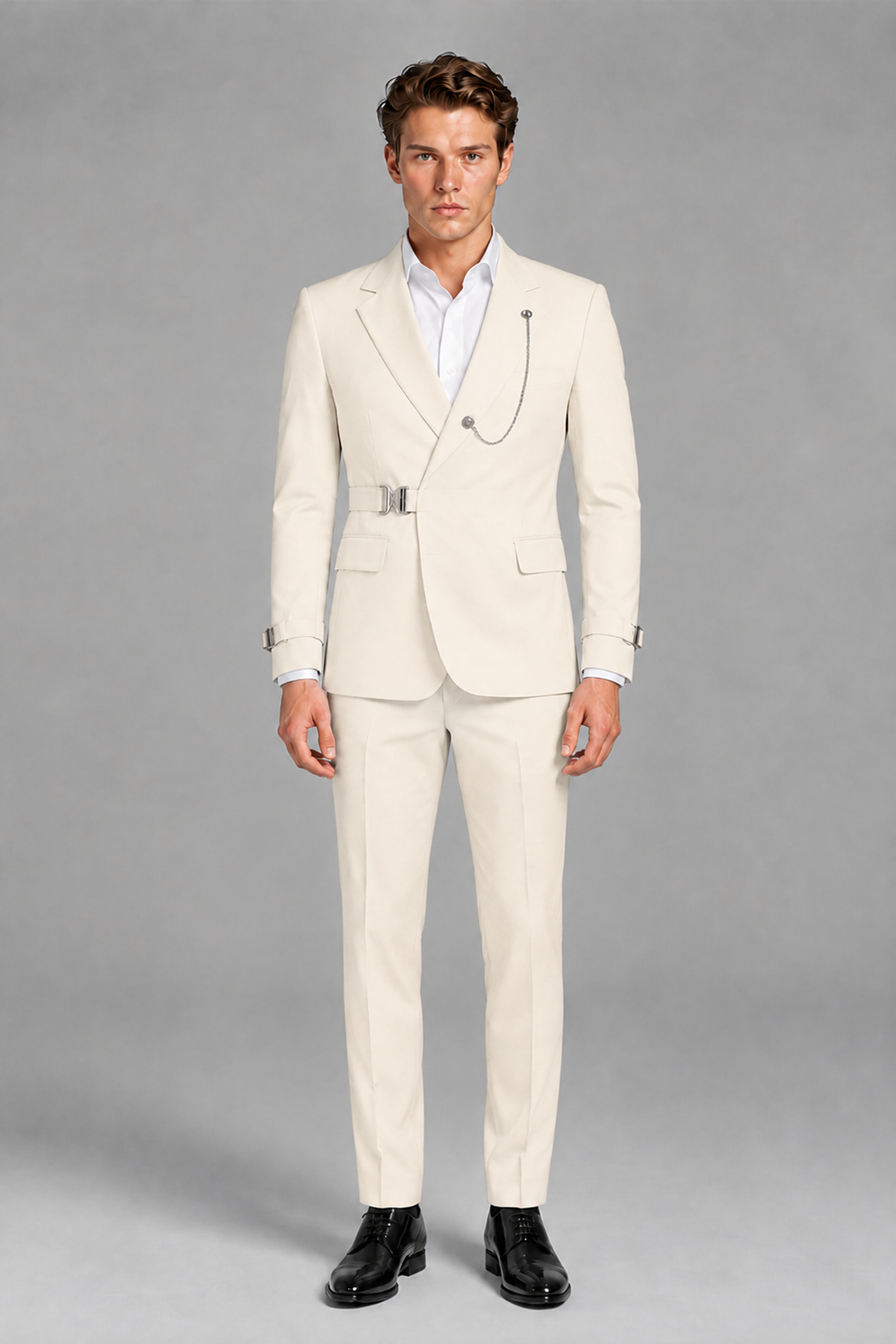 Savile Men's Cream Buckle-Closure 2-Piece Suit Set | Peak Lapel Blazer & Trousers - Cream
