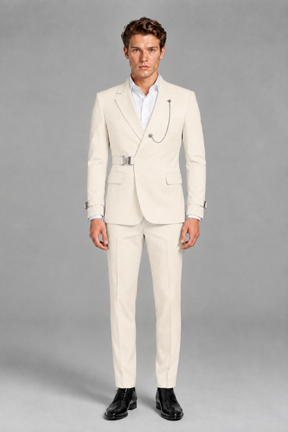 Savile Men's Cream Buckle-Closure 2-Piece Suit Set | Peak Lapel Blazer & Trousers - Cream