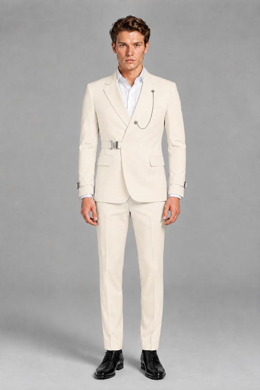 Savile Men's Cream Buckle-Closure 2-Piece Suit Set | Peak Lapel Blazer & Trousers - Cream