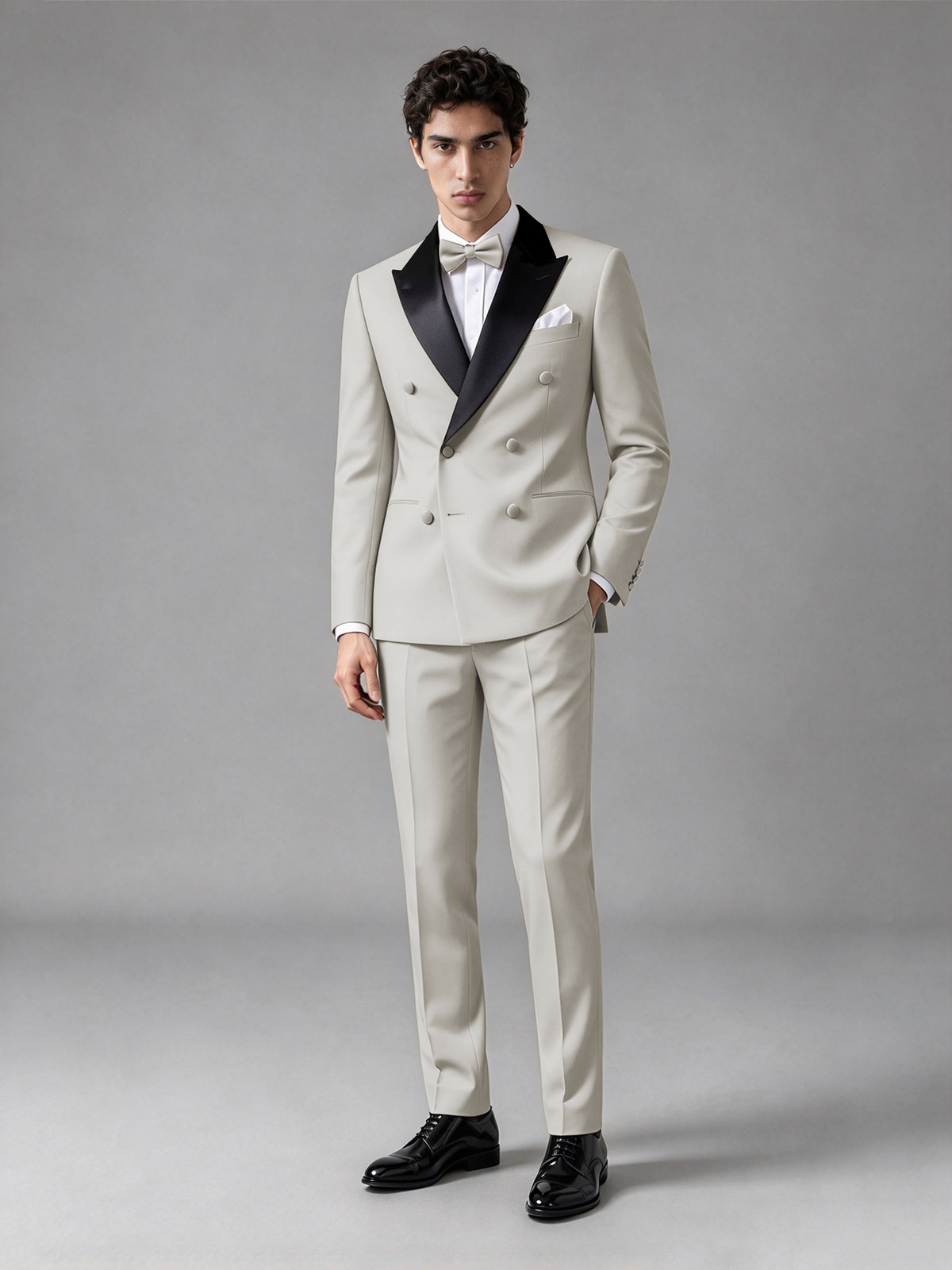 Men's Cream Double-Breasted Satin Peak Lapel Tuxedo Suit Set (Jacket + Trousers) - Cream