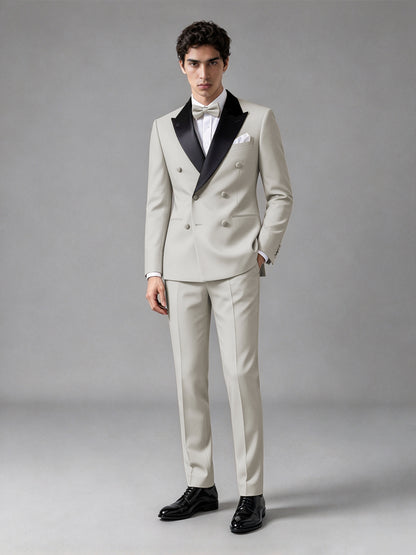 Men's Cream Double-Breasted Satin Peak Lapel Tuxedo Suit Set (Jacket + Trousers) - Cream