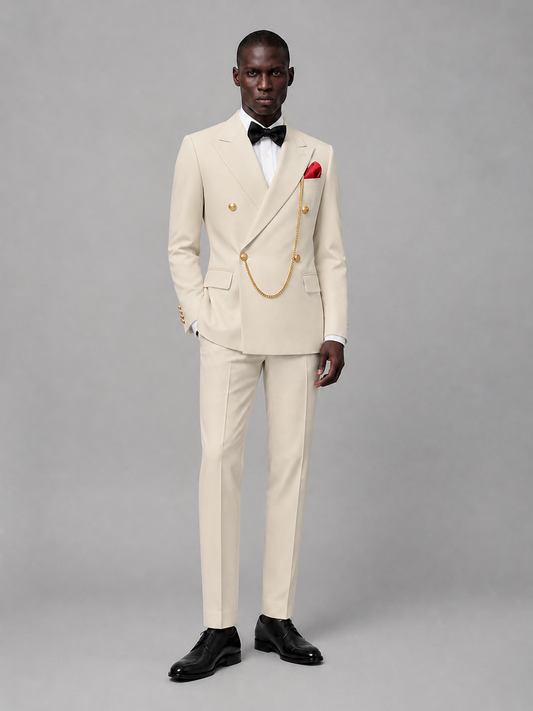 Men's Cream Double-Breasted 2-Piece Suit Set – Jacket & Trousers | Cream Chain - Cream