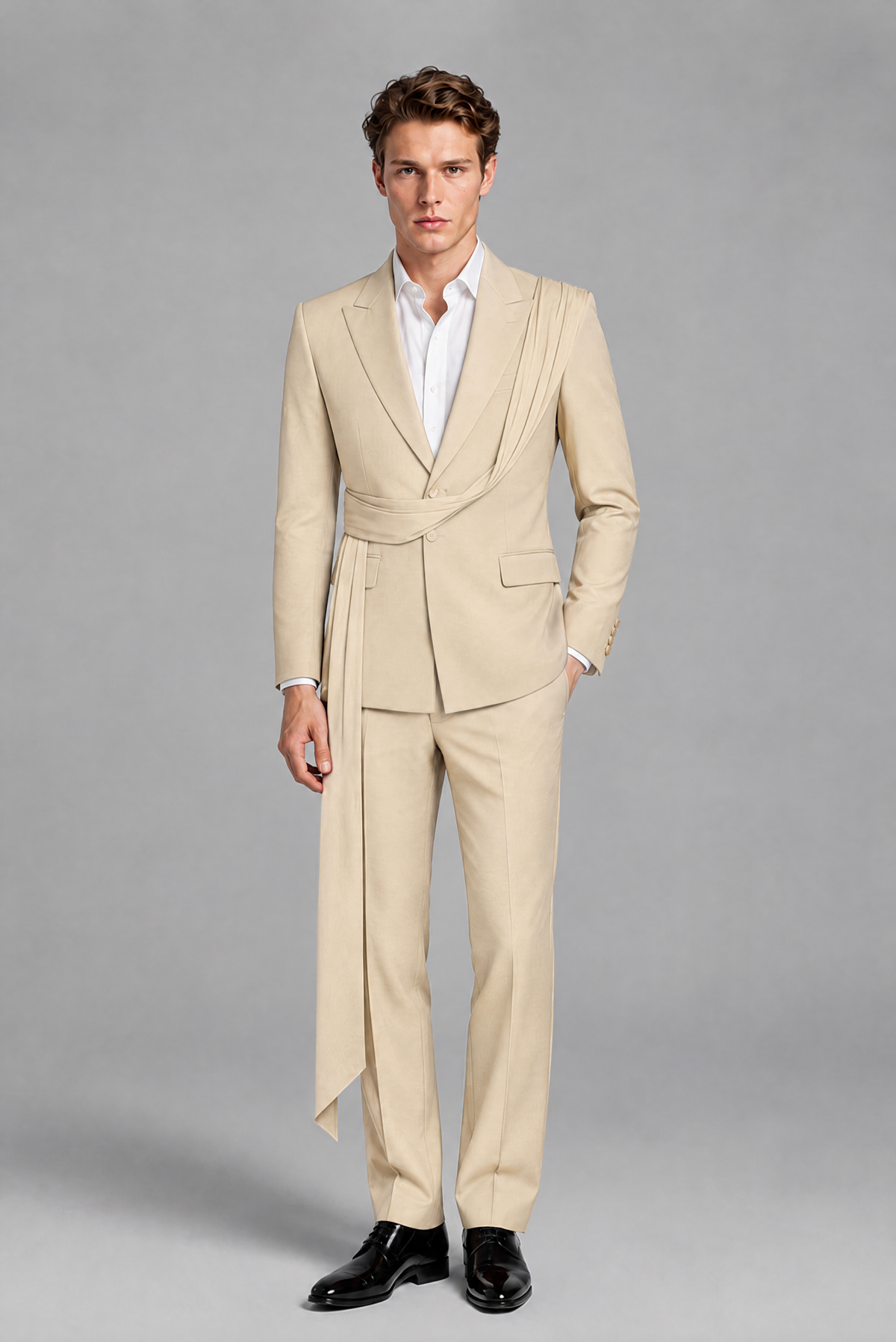 Men's Cream Draped Sash Suit – Peak Lapel 2-Piece Slim Fit Party, Gala & Wedding Set - Cream