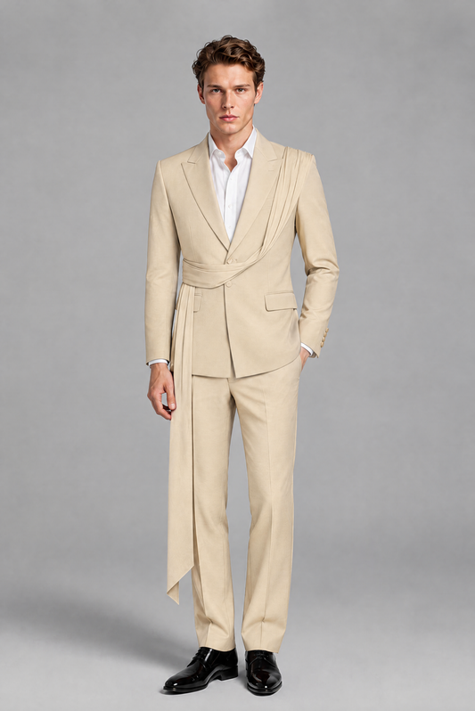 Men's Cream Draped Sash Suit – Peak Lapel 2-Piece Slim Fit Party, Gala & Wedding Set - Cream