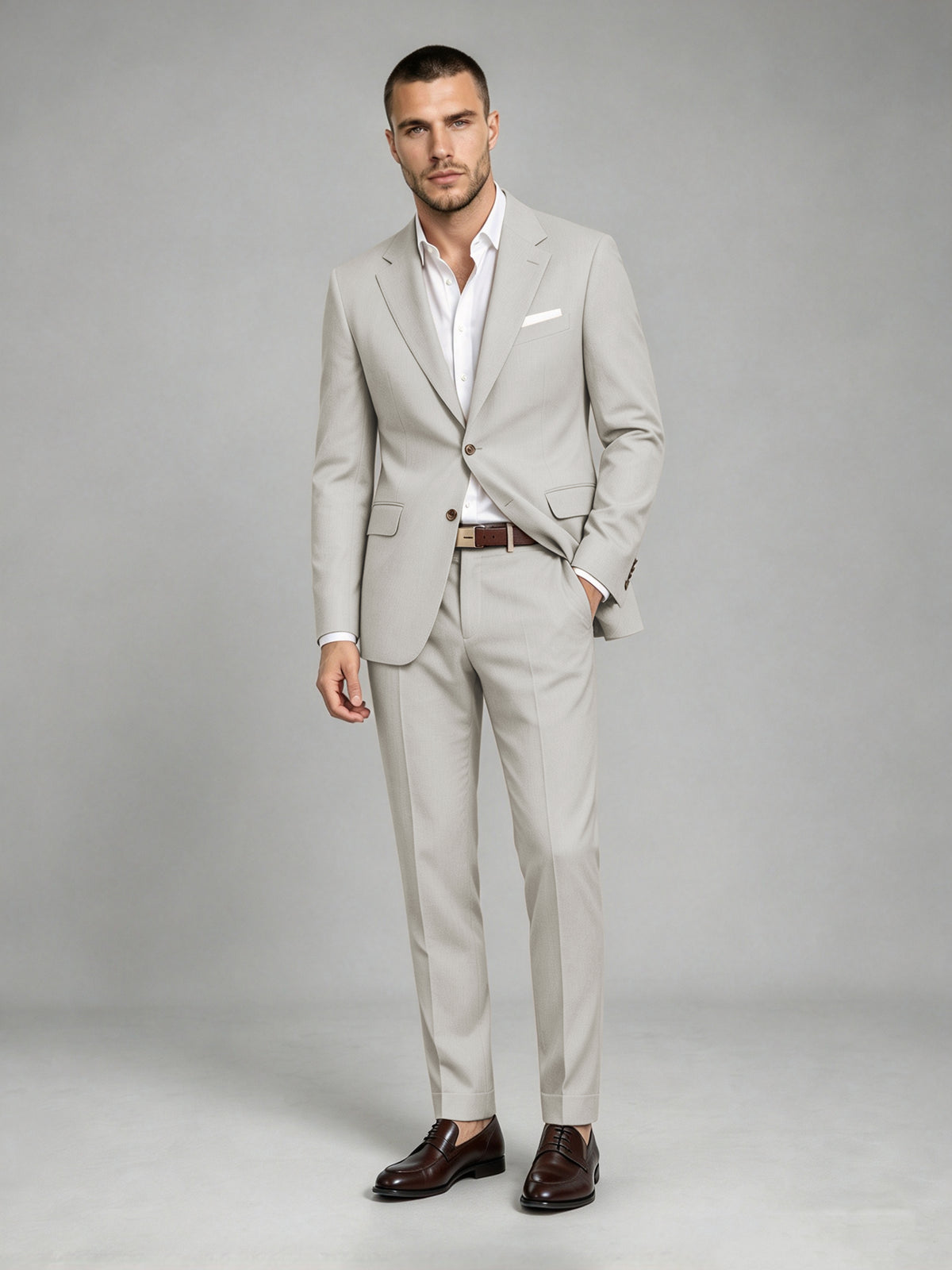 Savile Men's Dark Cream Wool-Blend 2-Piece Suit Set – Two-Button Notch Lapel Slim-Fit Blazer & Turn-Up Trousers - Cream
