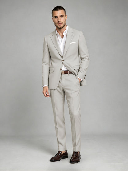 Savile Men's Dark Cream Wool-Blend 2-Piece Suit Set – Two-Button Notch Lapel Slim-Fit Blazer & Turn-Up Trousers - Cream