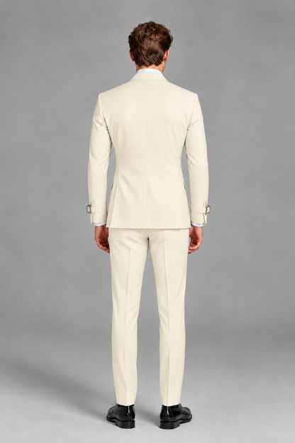Savile Men's Cream Buckle-Closure 2-Piece Suit Set | Peak Lapel Blazer & Trousers - Cream