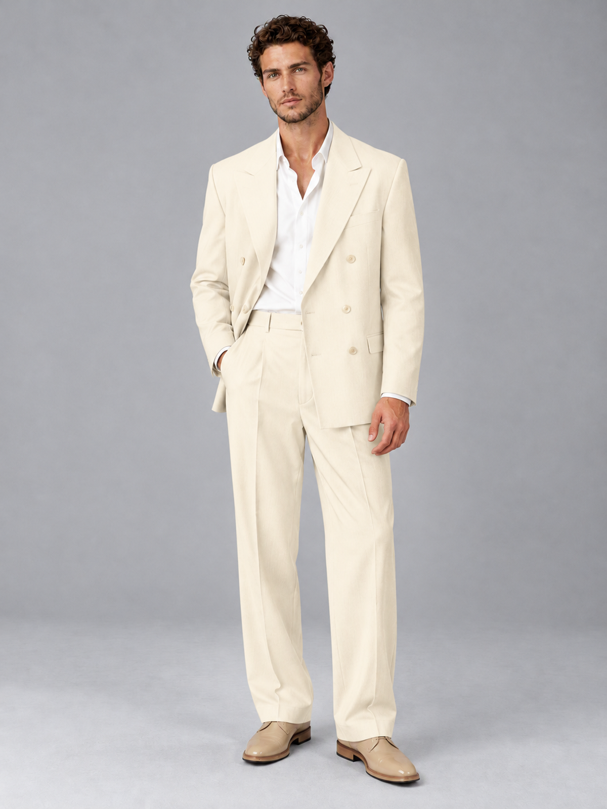 Savile Cream Beige Double-Breasted 2-Piece Suit with Peak Lapel - Cream