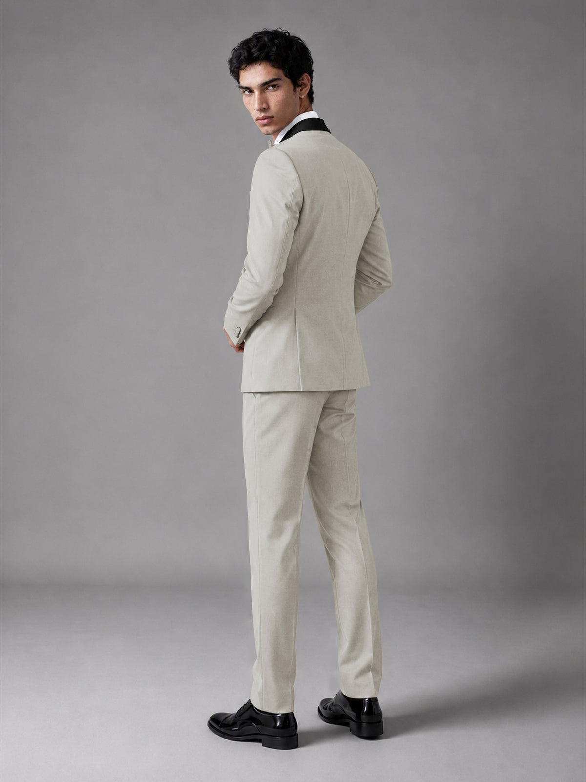 Men's Cream Double-Breasted Satin Peak Lapel Tuxedo Suit Set (Jacket + Trousers) - Cream