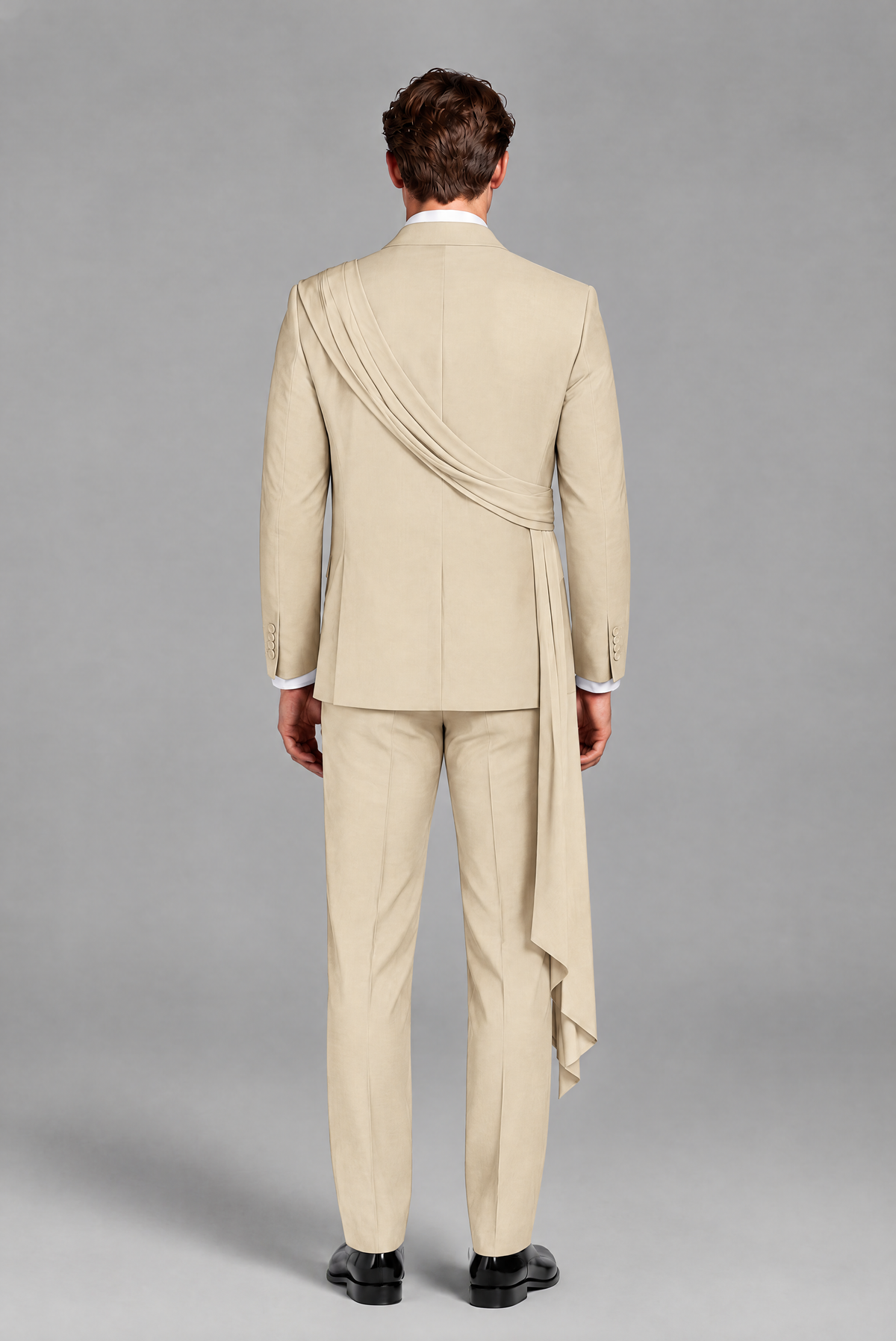 Men's Cream Draped Sash Suit – Peak Lapel 2-Piece Slim Fit Party, Gala & Wedding Set - Cream