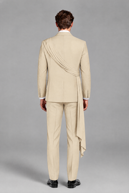 Men's Cream Draped Sash Suit – Peak Lapel 2-Piece Slim Fit Party, Gala & Wedding Set - Cream