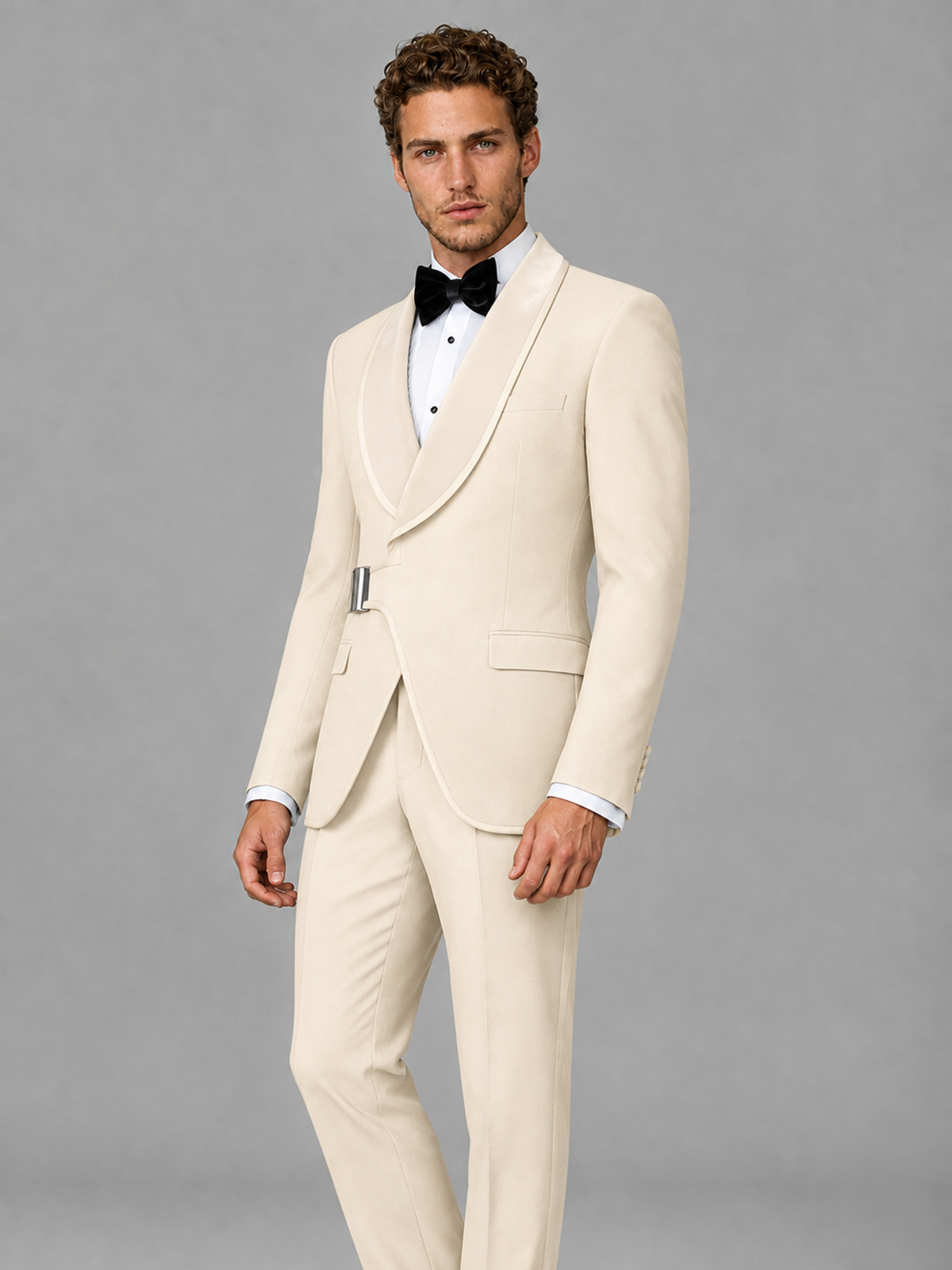 Savile Men's Cream Velvet Shawl Lapel Tuxedo Suit – Modern Side-Buckle Dinner Jacket & Trousers 2-Piece Set - Cream