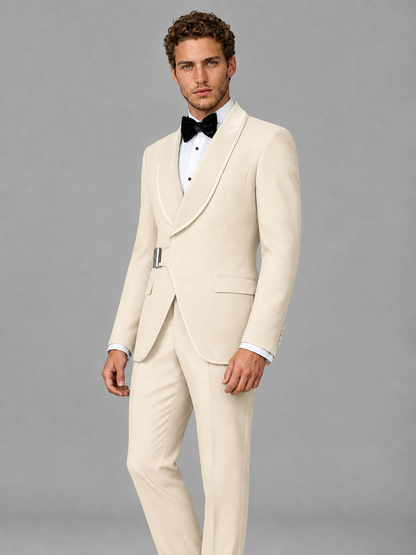 Savile Men's Cream Velvet Shawl Lapel Tuxedo Suit – Modern Side-Buckle Dinner Jacket & Trousers 2-Piece Set - Cream