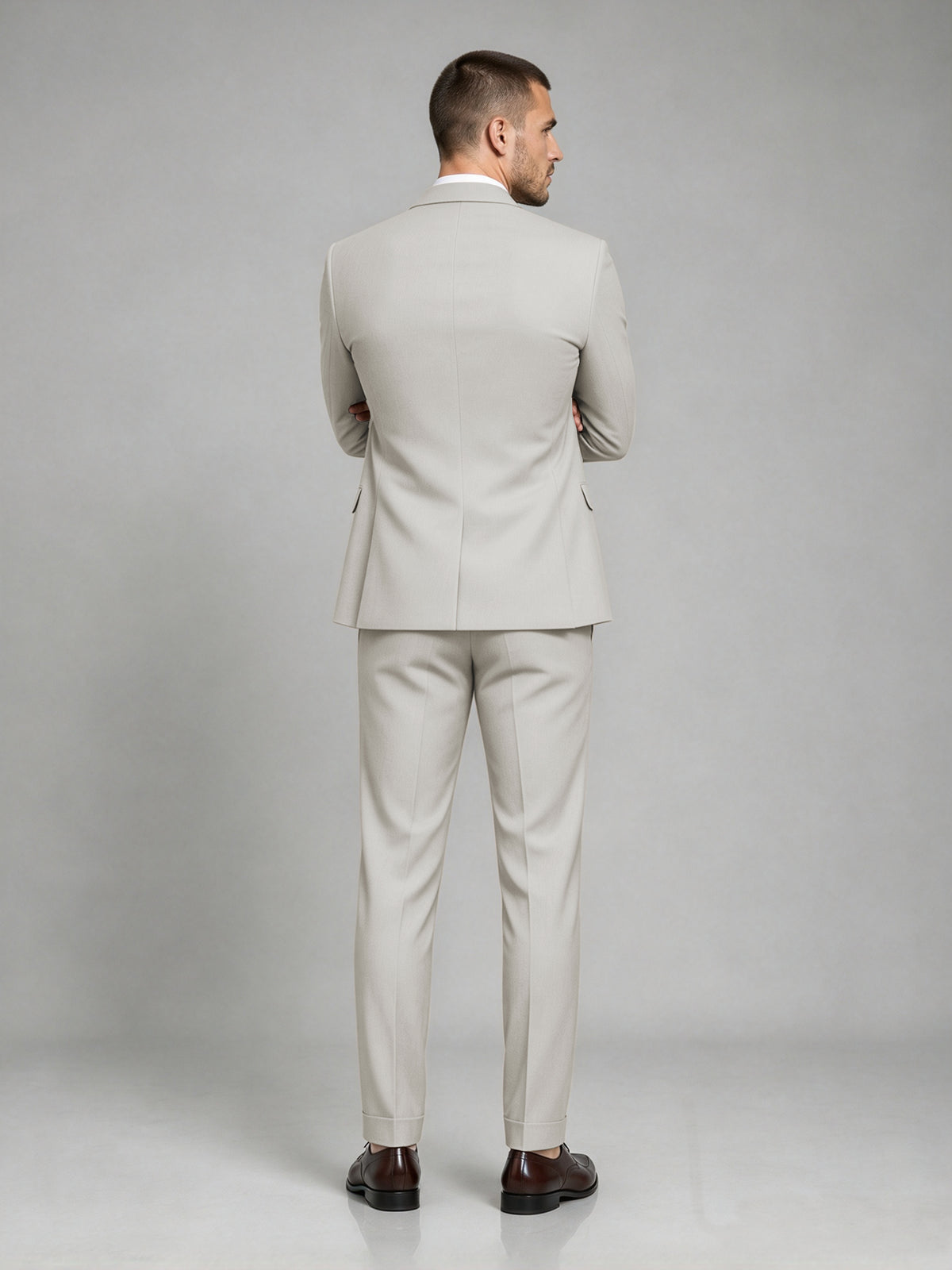 Savile Men's Dark Cream Wool-Blend 2-Piece Suit Set – Two-Button Notch Lapel Slim-Fit Blazer & Turn-Up Trousers - Cream