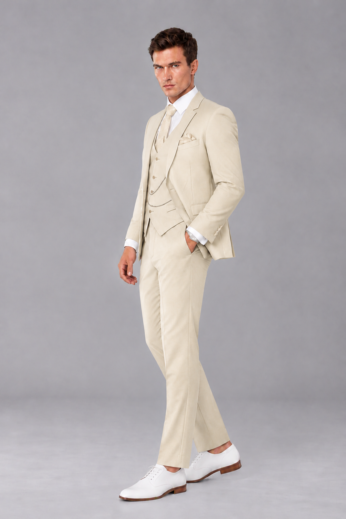 Savile Cream 3-Piece Suit with Notch Lapel & Chain Vest - Cream
