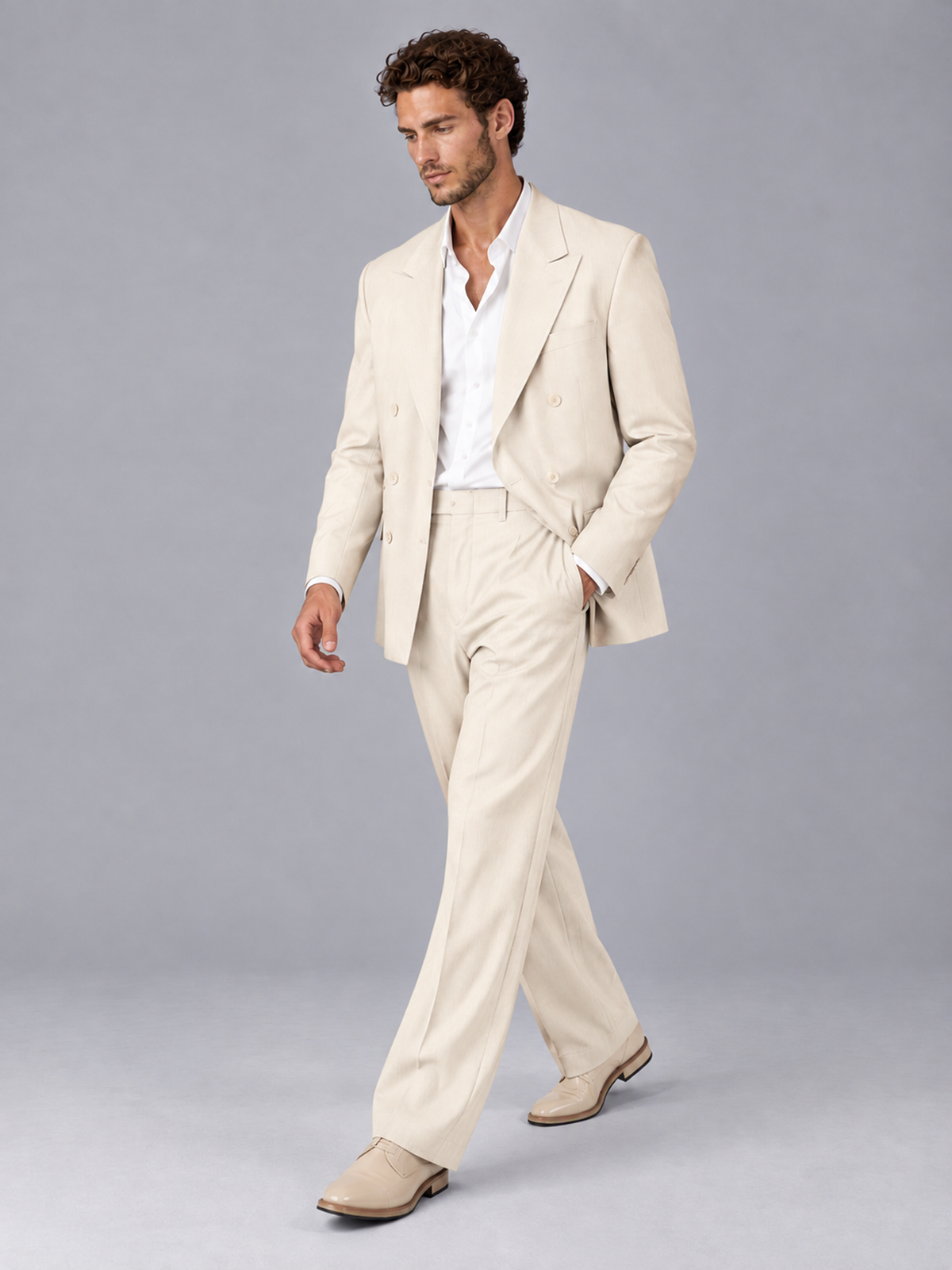 Savile Cream Beige Double-Breasted 2-Piece Suit with Peak Lapel - Cream