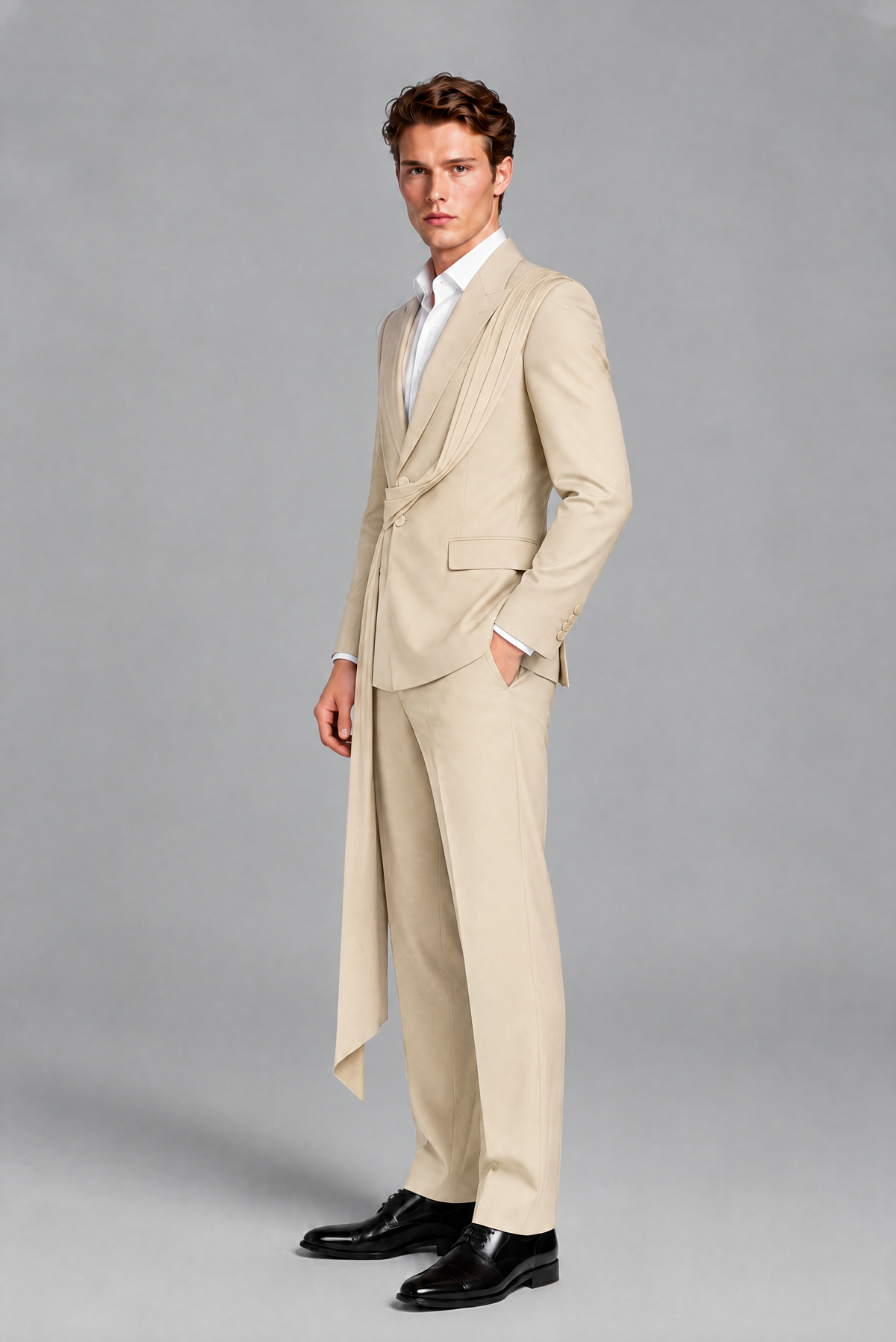 Men's Cream Draped Sash Suit – Peak Lapel 2-Piece Slim Fit Party, Gala & Wedding Set - Cream