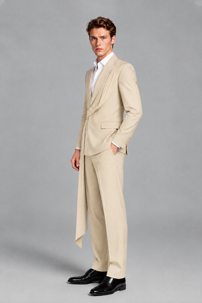 Men's Cream Draped Sash Suit – Peak Lapel 2-Piece Slim Fit Party, Gala & Wedding Set - Cream
