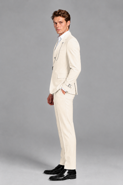 Savile Men's Cream Buckle-Closure 2-Piece Suit Set | Peak Lapel Blazer & Trousers - Cream
