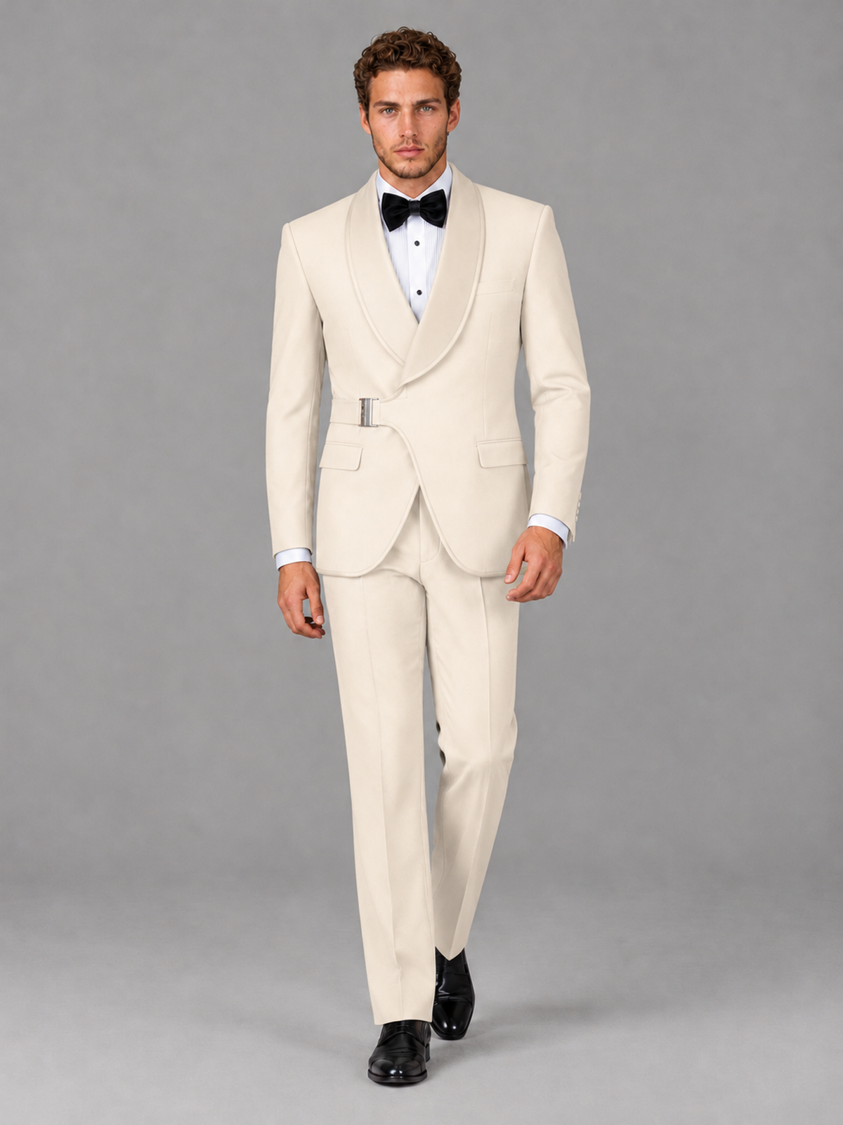 Savile Men's Cream Velvet Shawl Lapel Tuxedo Suit – Modern Side-Buckle Dinner Jacket & Trousers 2-Piece Set - Cream