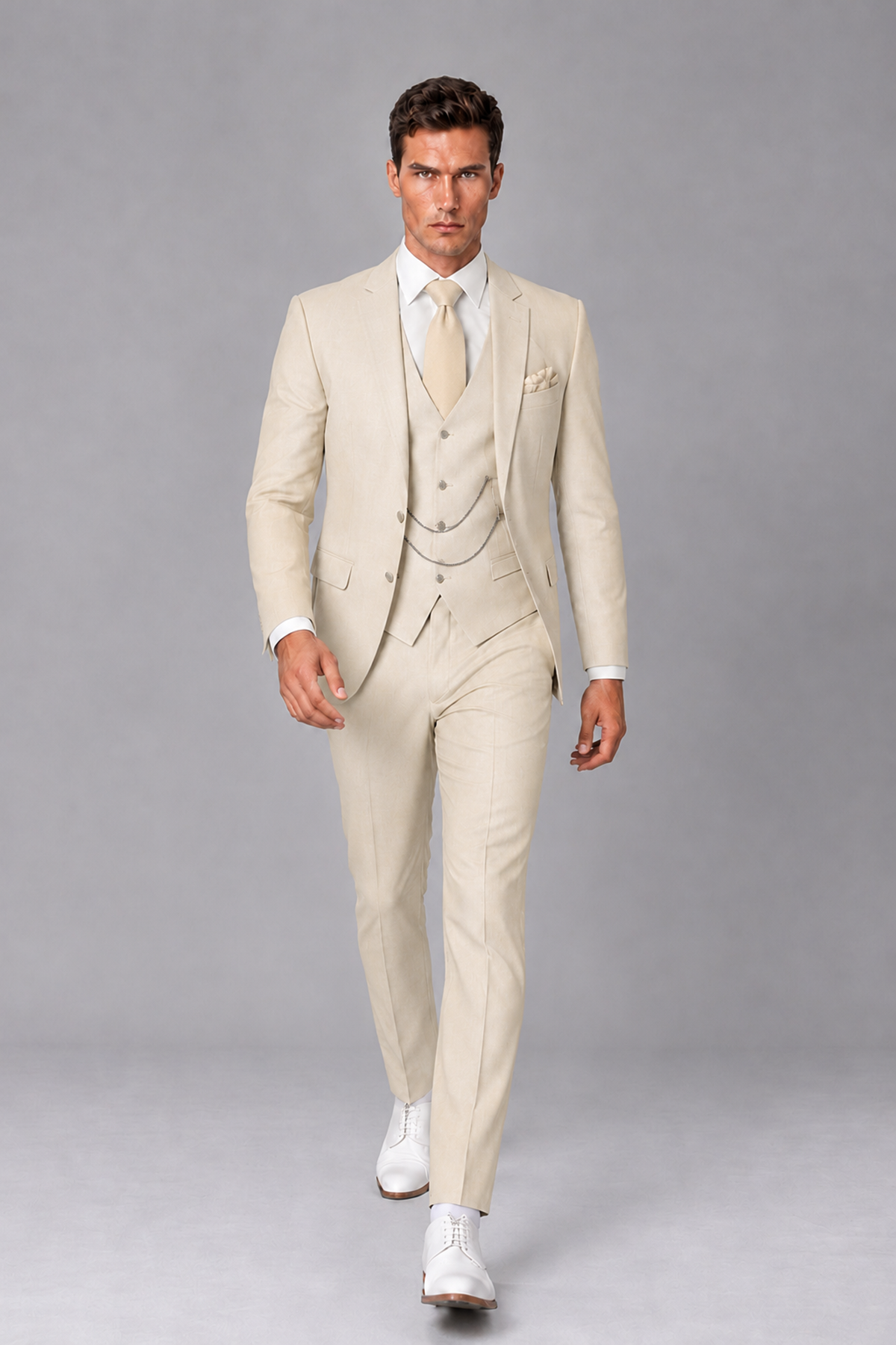 Savile Cream 3-Piece Suit with Notch Lapel & Chain Vest - Cream