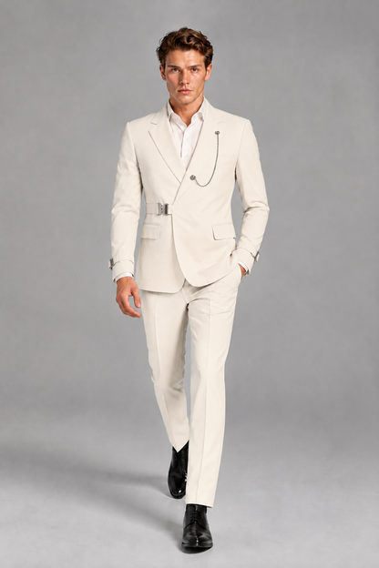 Savile Men's Cream Buckle-Closure 2-Piece Suit Set | Peak Lapel Blazer & Trousers - Cream