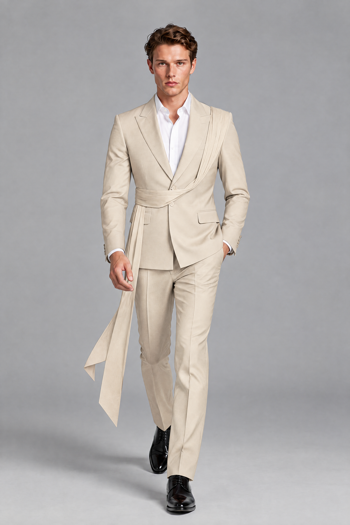Men's Cream Draped Sash Suit – Peak Lapel 2-Piece Slim Fit Party, Gala & Wedding Set - Cream