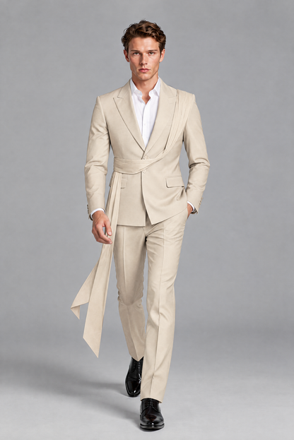 Men's Cream Draped Sash Suit – Peak Lapel 2-Piece Slim Fit Party, Gala & Wedding Set - Cream