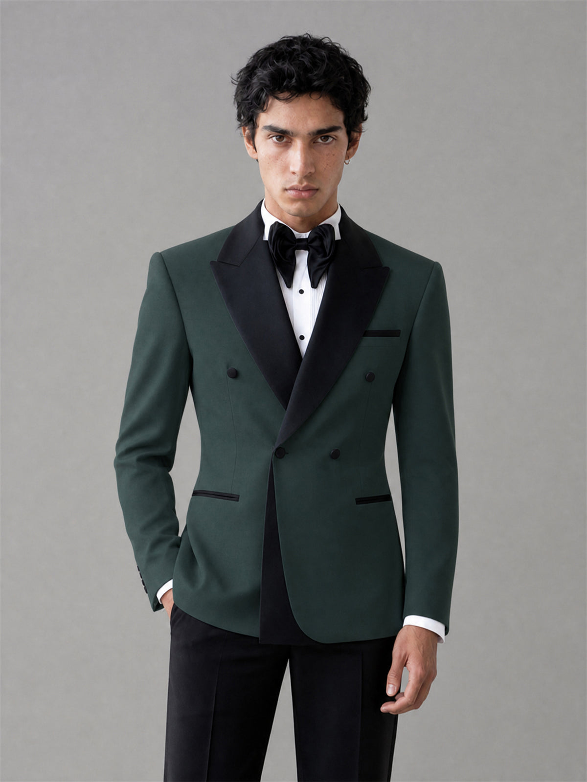 Men's Emerald Green Double-Breasted Black Satin Peak Lapel Tuxedo Suit Set | Blazer & Trousers