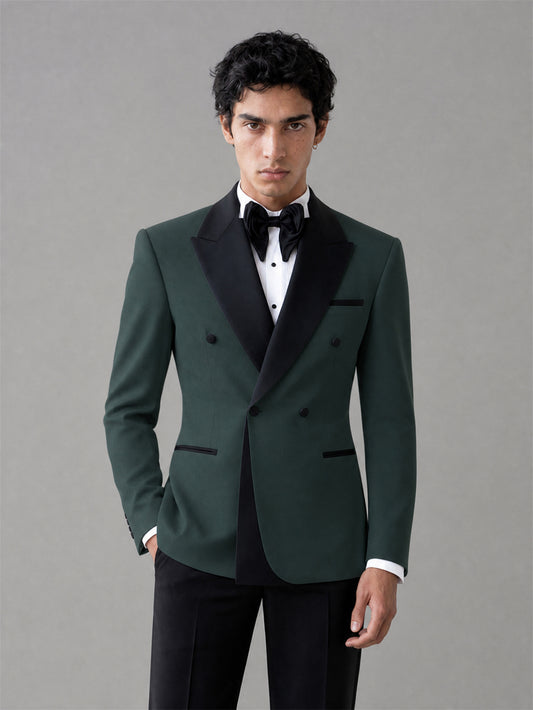 Men's Emerald Green Double-Breasted Black Satin Peak Lapel Tuxedo Suit Set | Blazer & Trousers
