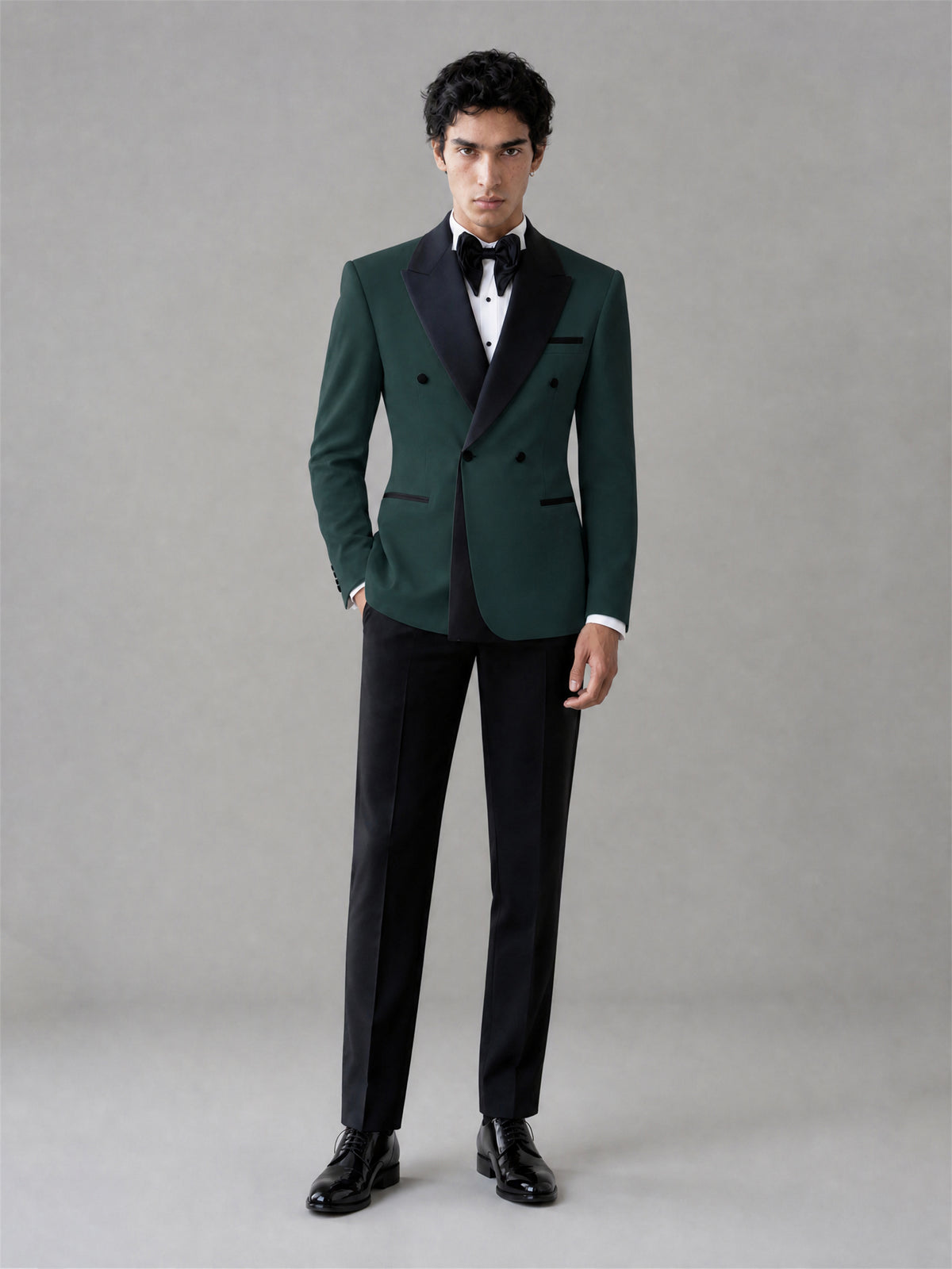 Men's Emerald Green Double-Breasted Black Satin Peak Lapel Tuxedo Suit Set | Blazer & Trousers