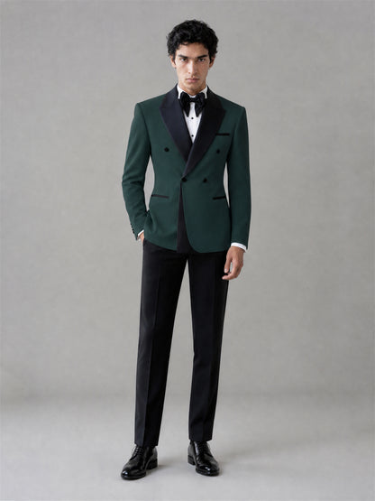 Men's Emerald Green Double-Breasted Black Satin Peak Lapel Tuxedo Suit Set | Blazer & Trousers