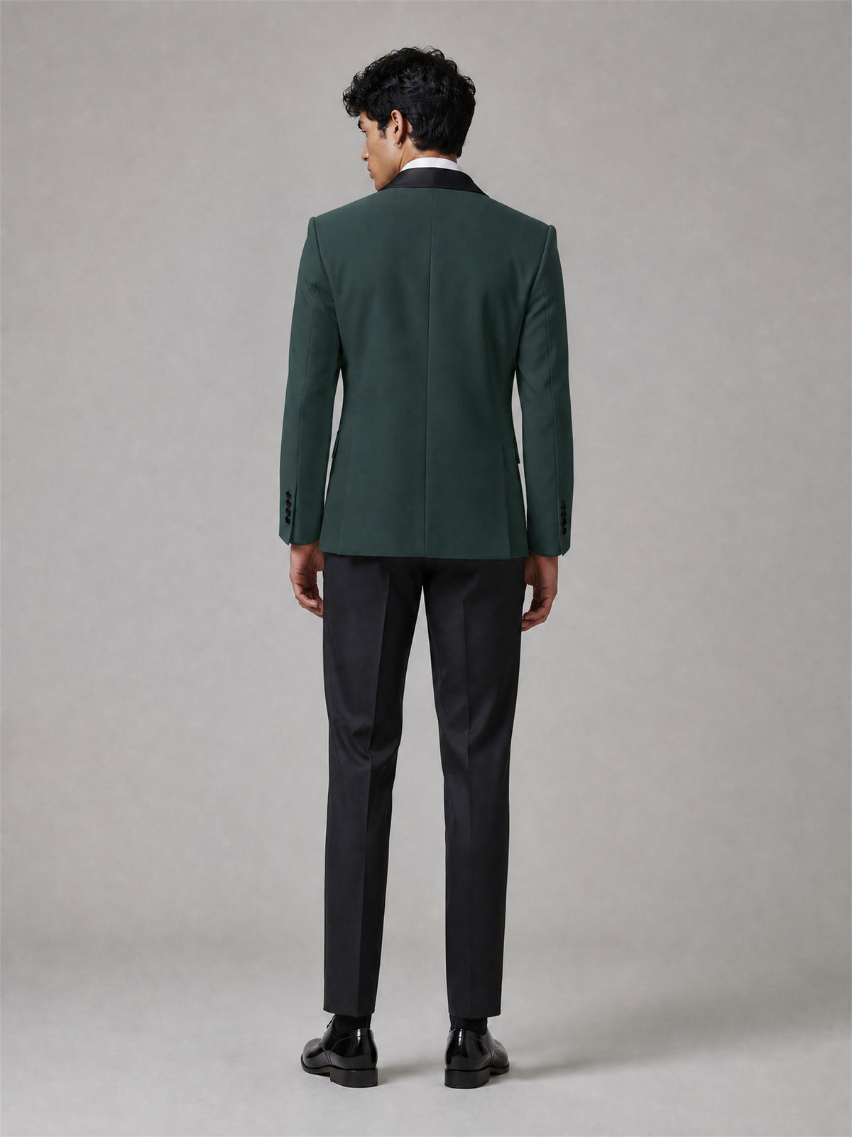 Men's Emerald Green Double-Breasted Black Satin Peak Lapel Tuxedo Suit Set | Blazer & Trousers