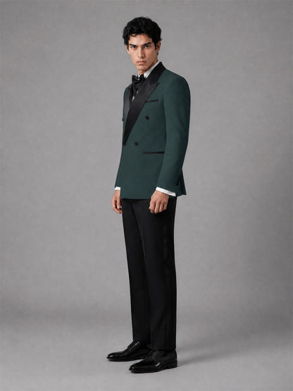 Men's Emerald Green Double-Breasted Black Satin Peak Lapel Tuxedo Suit Set | Blazer & Trousers