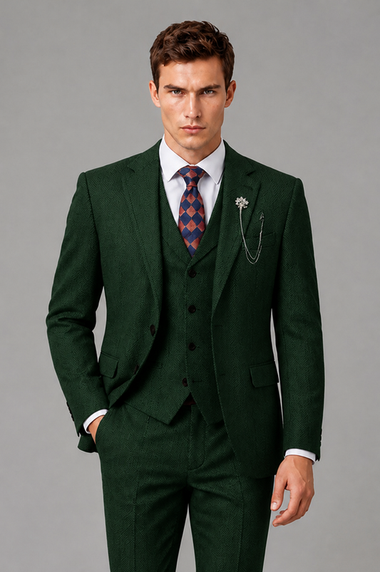 Savile Men's Grey Notch Lapel 3-Piece Suit Set | Jacket, Vest & Trousers - Dark Green - Dark Green