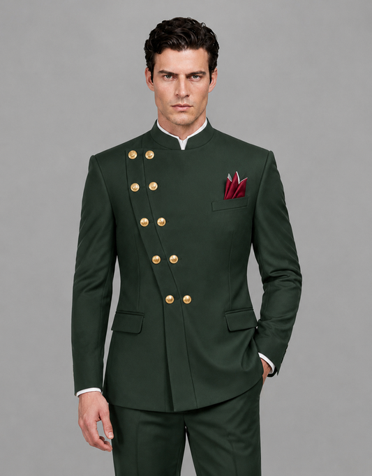 BOLODOO Men's Dark Green Asymmetrical Mandarin Collar Tuxedo Suit – Modern 2-Piece Gold Button Wedding, Prom & Gala Set - Dark Green - Dark Green_01